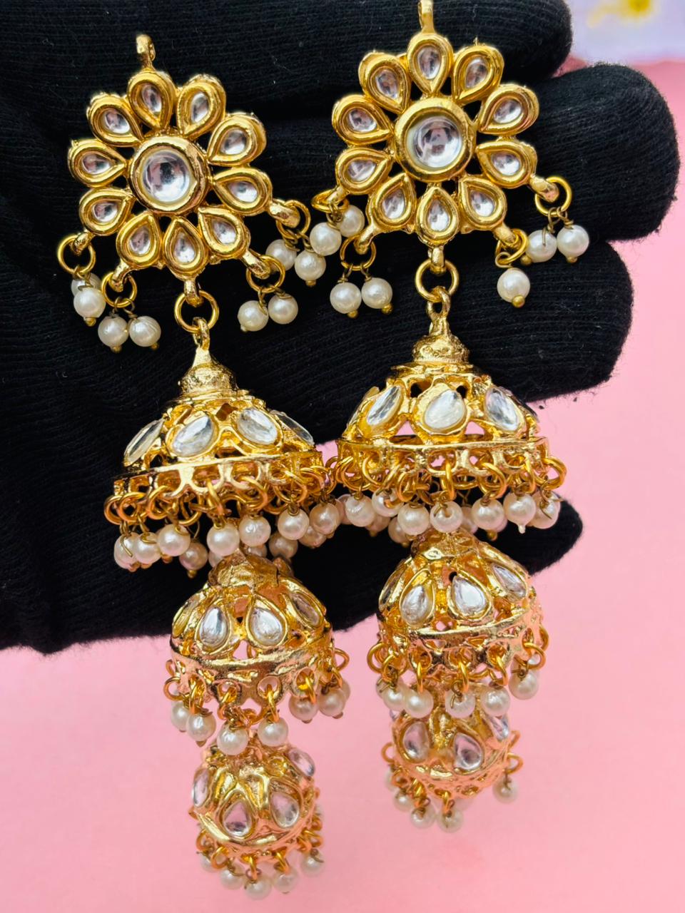 Traditional Multi-Tiered Kundan & Pearl Jhumka Earrings - Image 7