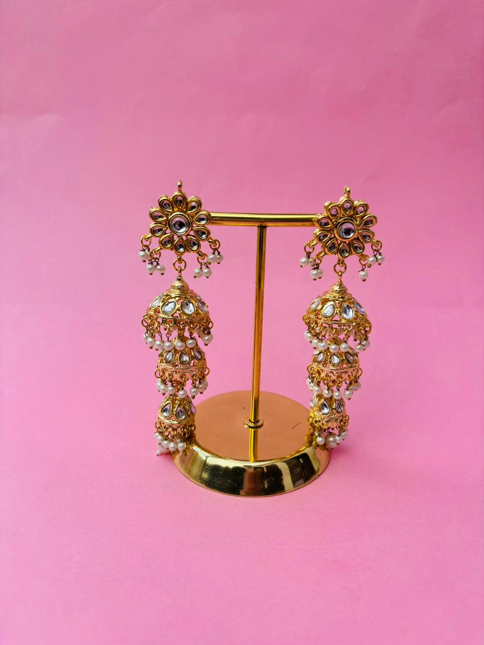 Traditional Multi-Tiered Kundan & Pearl Jhumka Earrings - Image 2