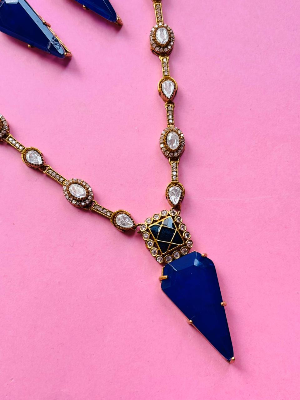Blue Pendant Necklace Set Antique Gold Polki Jewelry with Earrings - Image 3