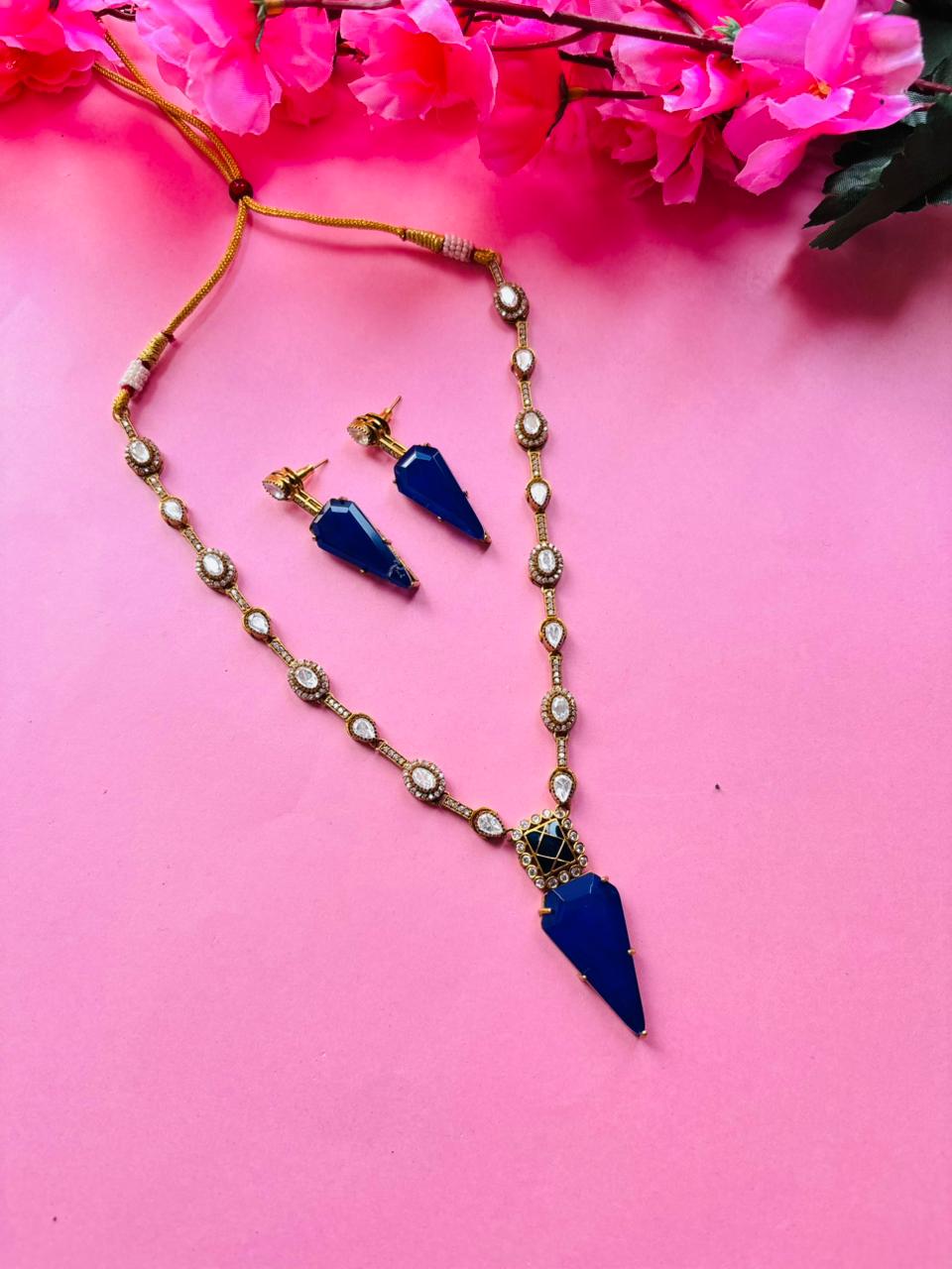 Blue Pendant Necklace Set Antique Gold Polki Jewelry with Earrings - Image 2