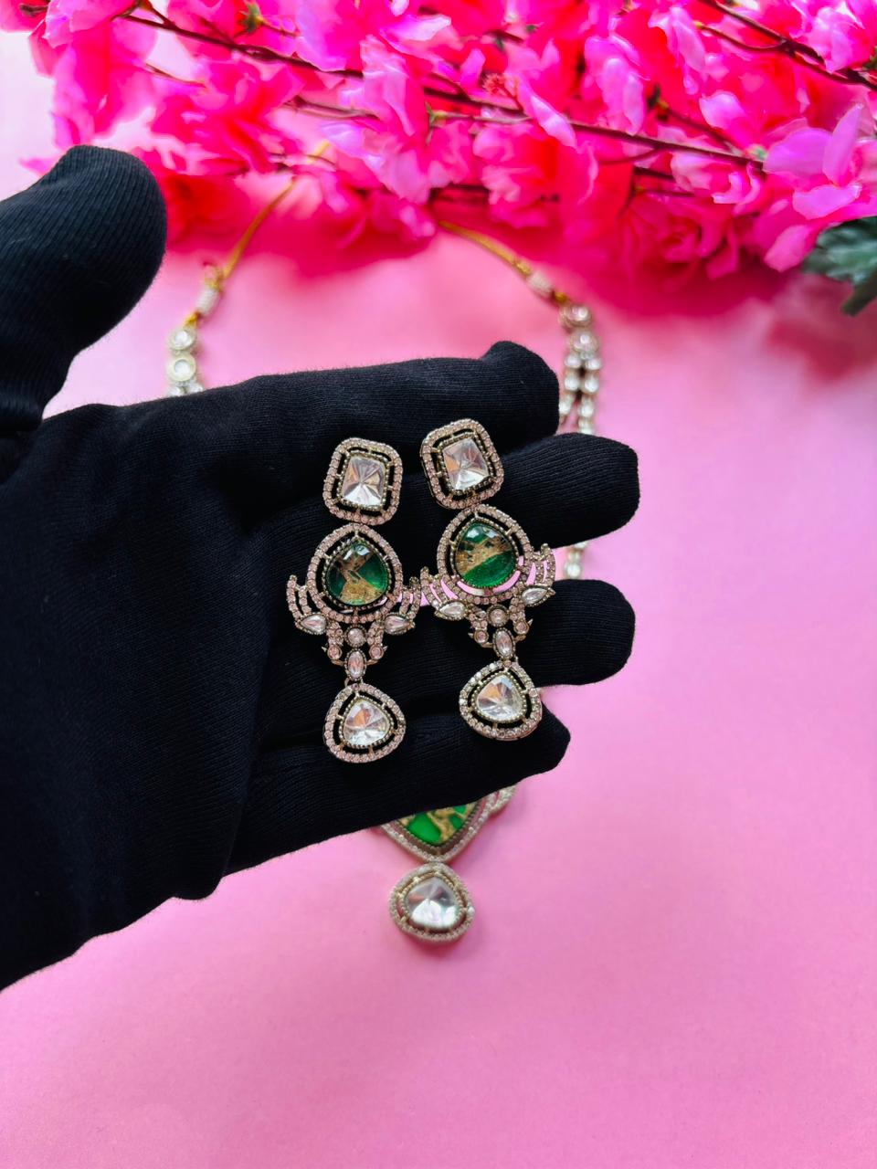 Peacock Kundan Emerald Layered Necklace Set - Image 6