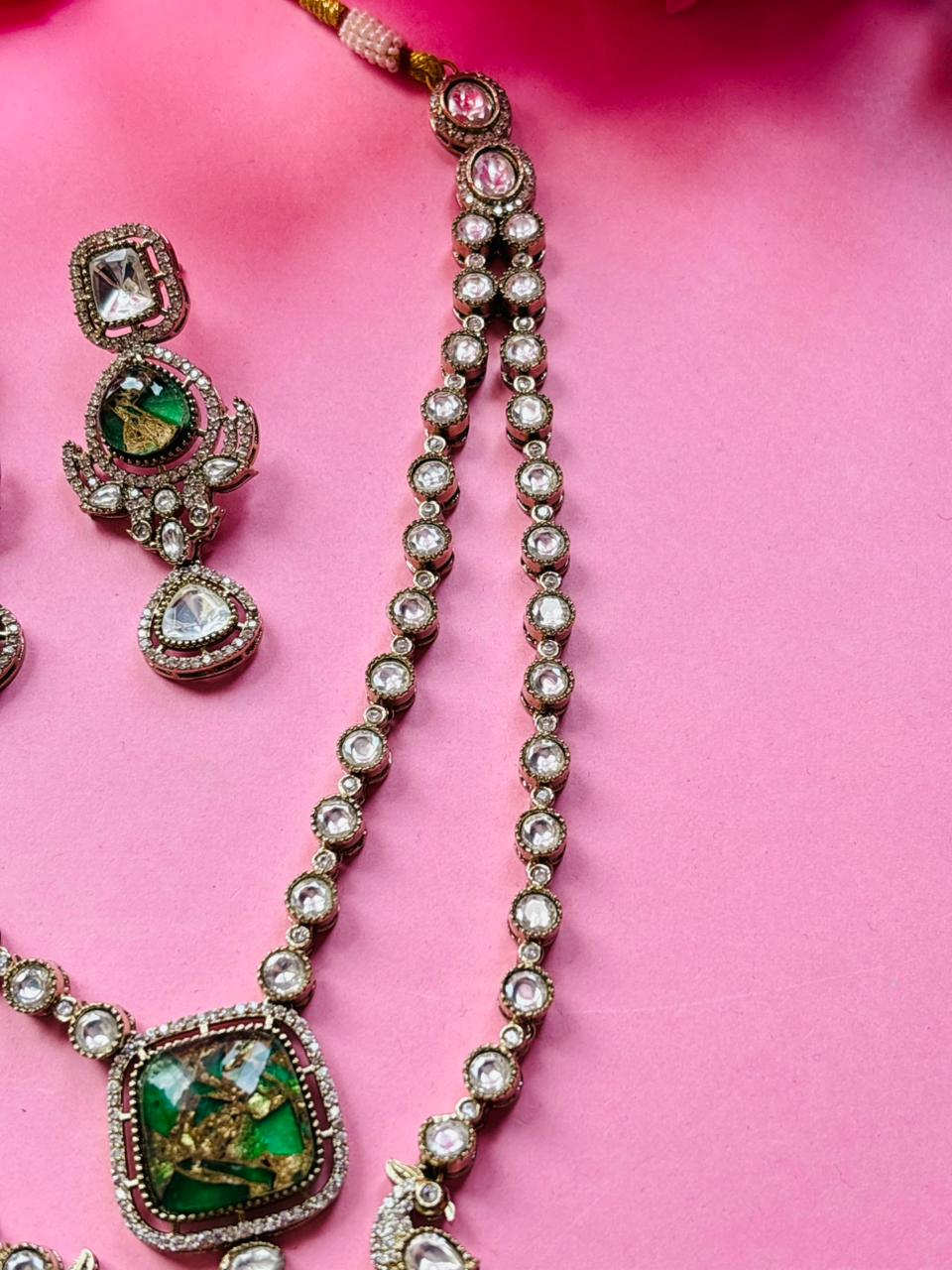 Peacock Kundan Emerald Layered Necklace Set - Image 4