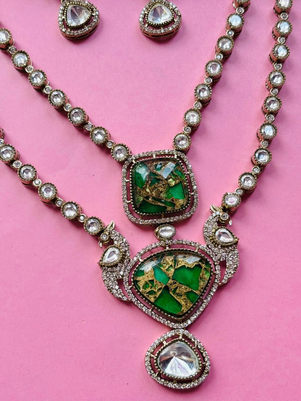 Peacock Kundan Emerald Layered Necklace Set - Image 5