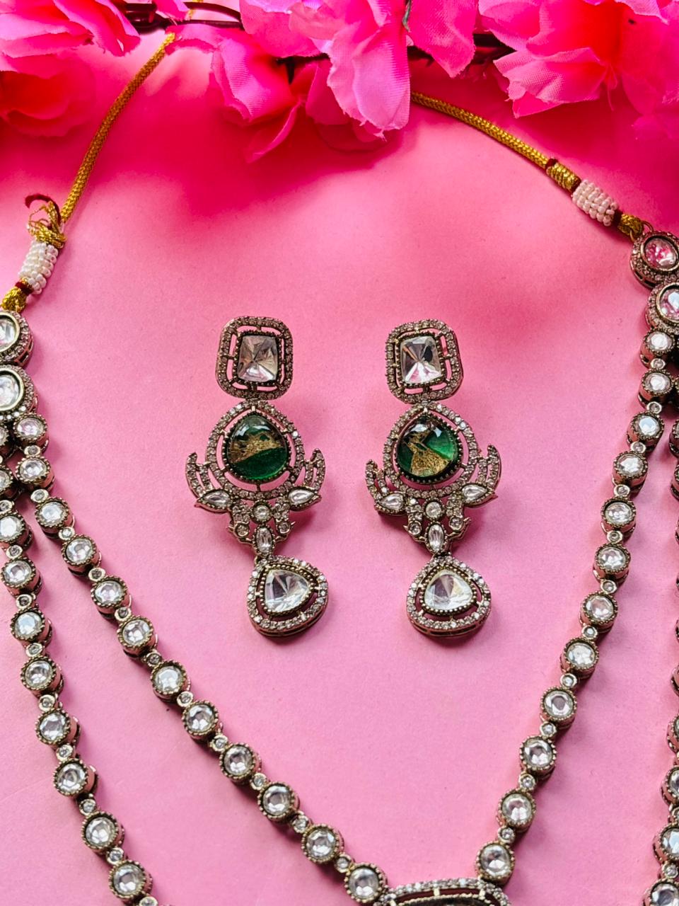 Peacock Kundan Emerald Layered Necklace Set - Image 3