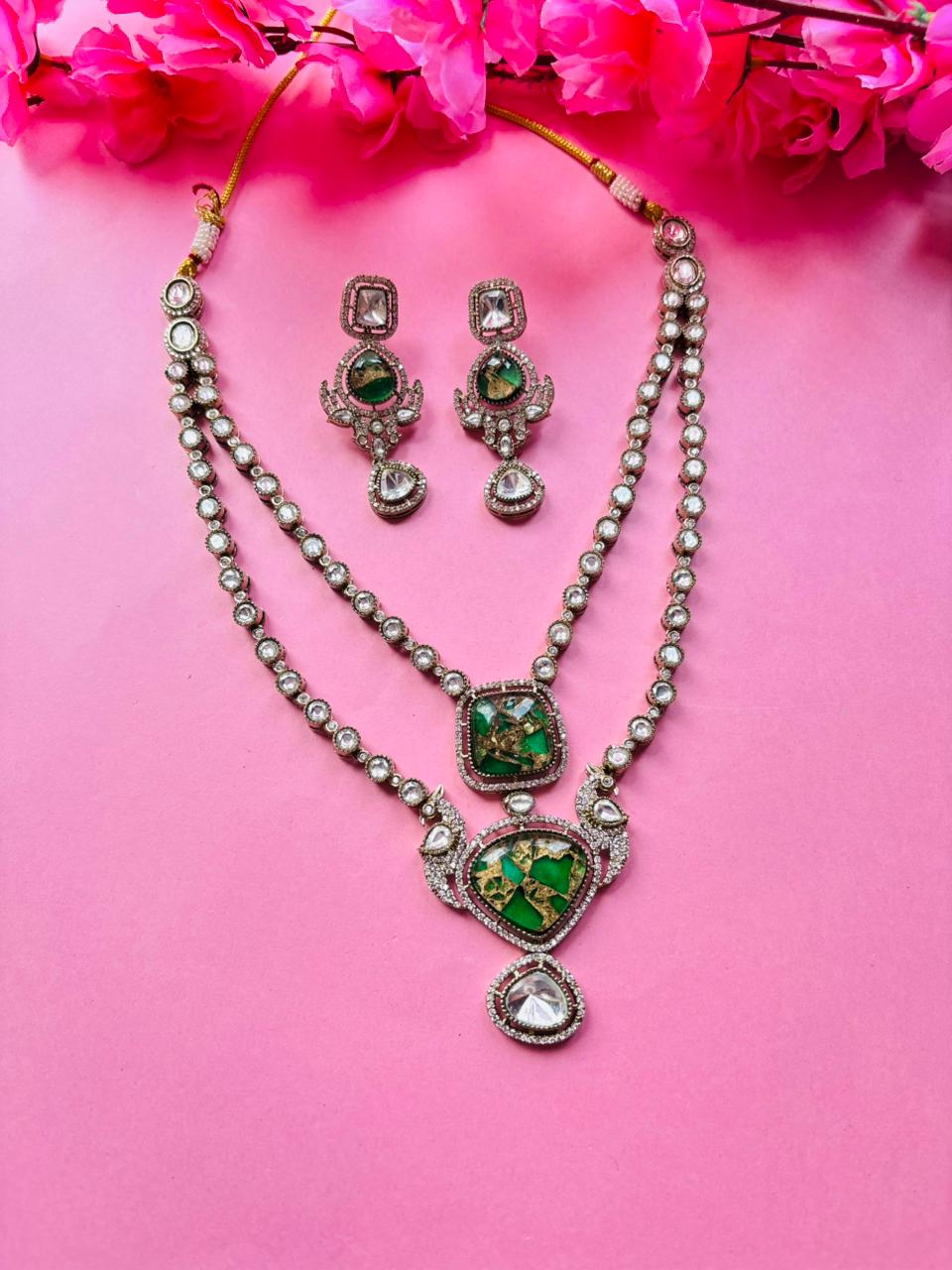 Peacock Kundan Emerald Layered Necklace Set - Image 2