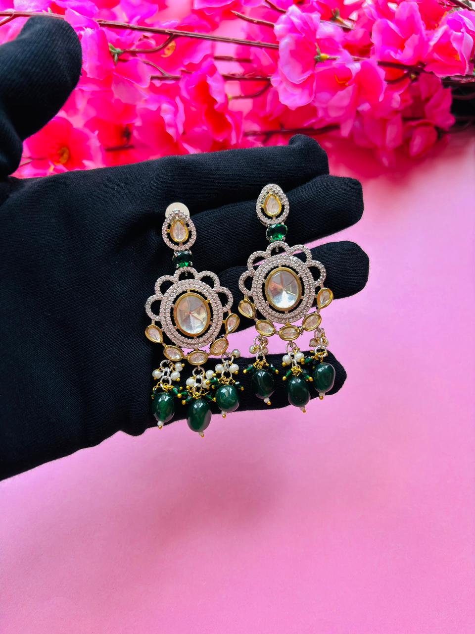 Victorian Kundan Green Beaded Necklace Set - Image 5