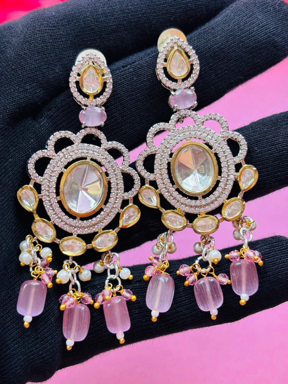 Victorian Kundan Pink Beaded Necklace Set - Image 7