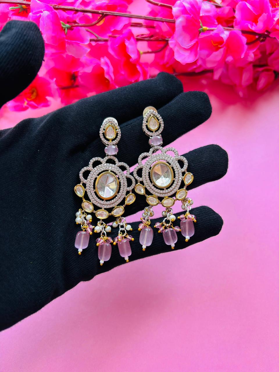 Victorian Kundan Pink Beaded Necklace Set - Image 6