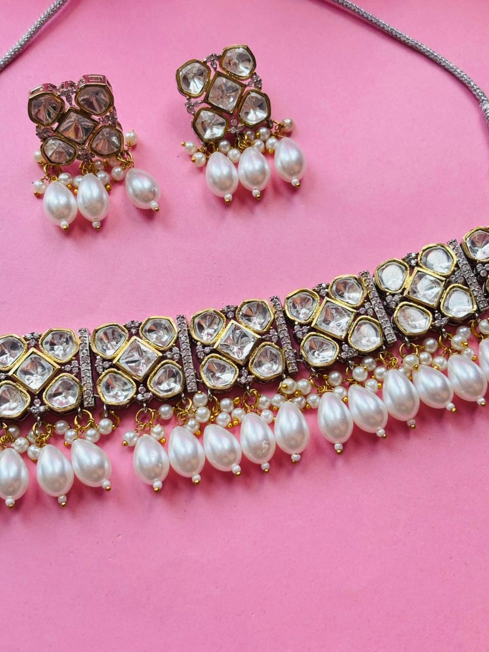 White Kundan Pearl Choker Necklace Set - Image 4