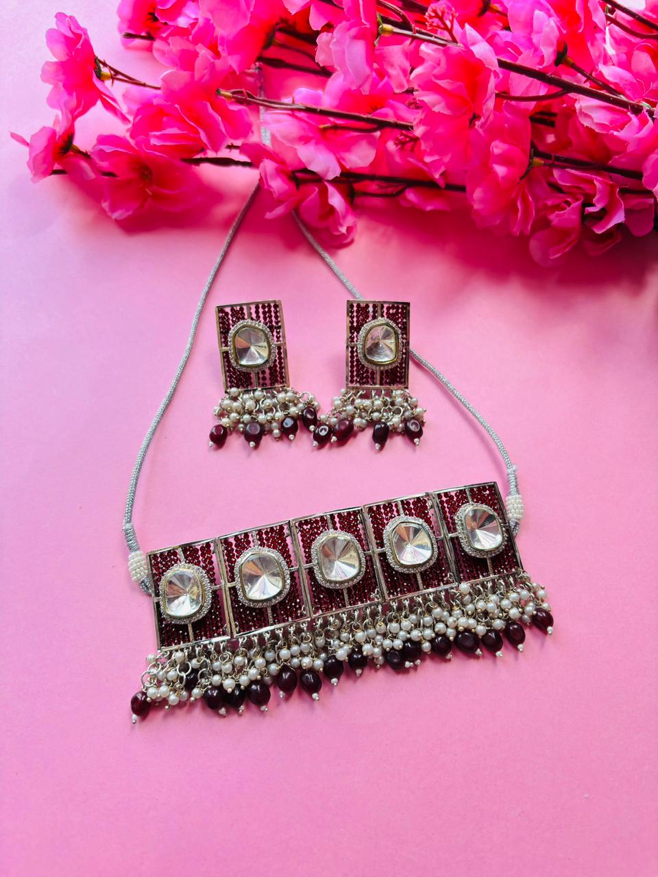 Polki Maroon Beaded Choker Necklace Set - Image 2