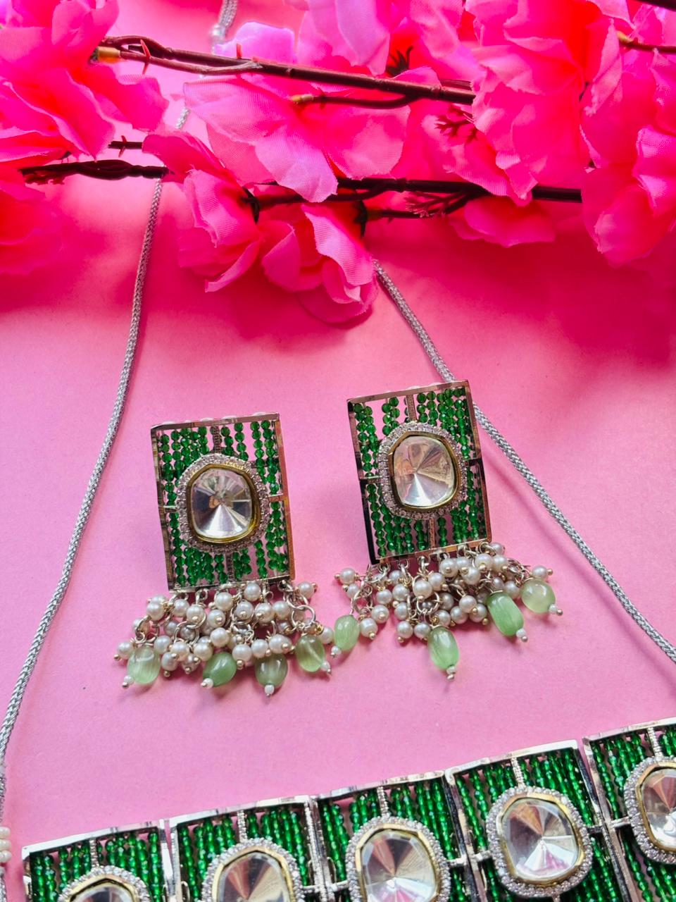 Polki Green Beaded Choker Necklace Set - Image 4