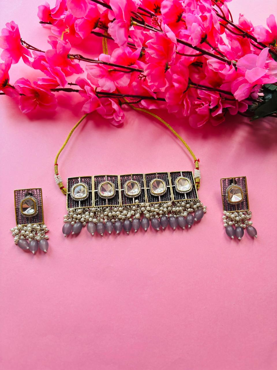 Polki Grey Beaded Choker Necklace Set - Image 2