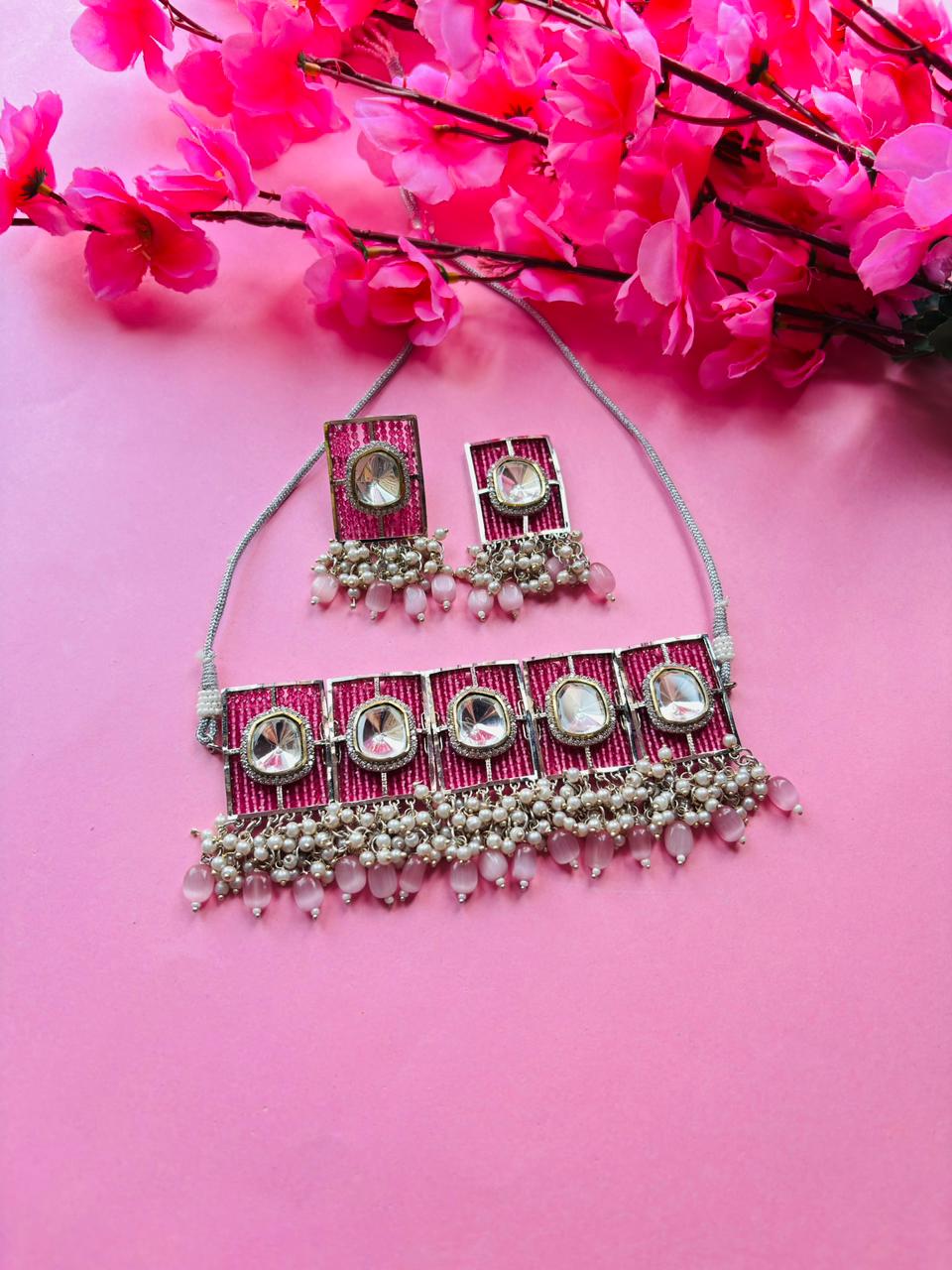 Polki Pink Beaded Choker Necklace Set - Image 2