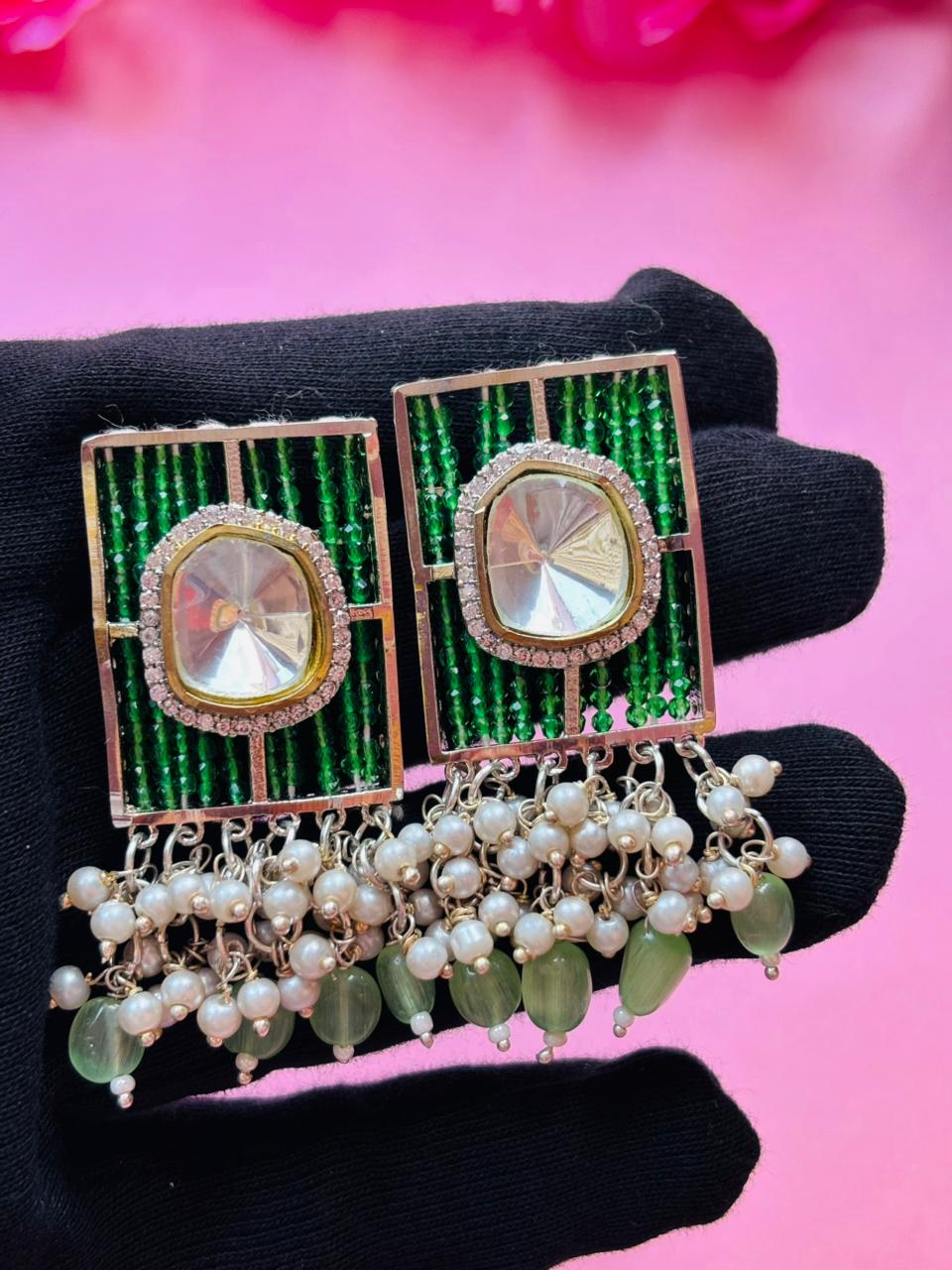 Polki Green Beaded Choker Necklace Set - Image 6