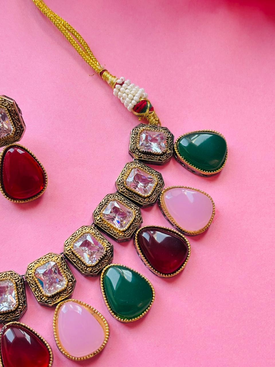 Kundan Multicolor Stone Necklace Set - Image 3