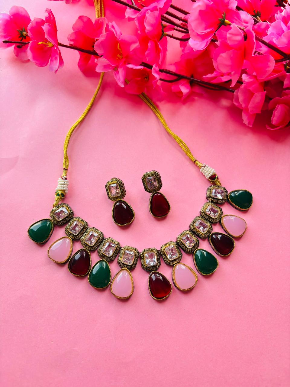 Kundan Multicolor Stone Necklace Set - Image 2