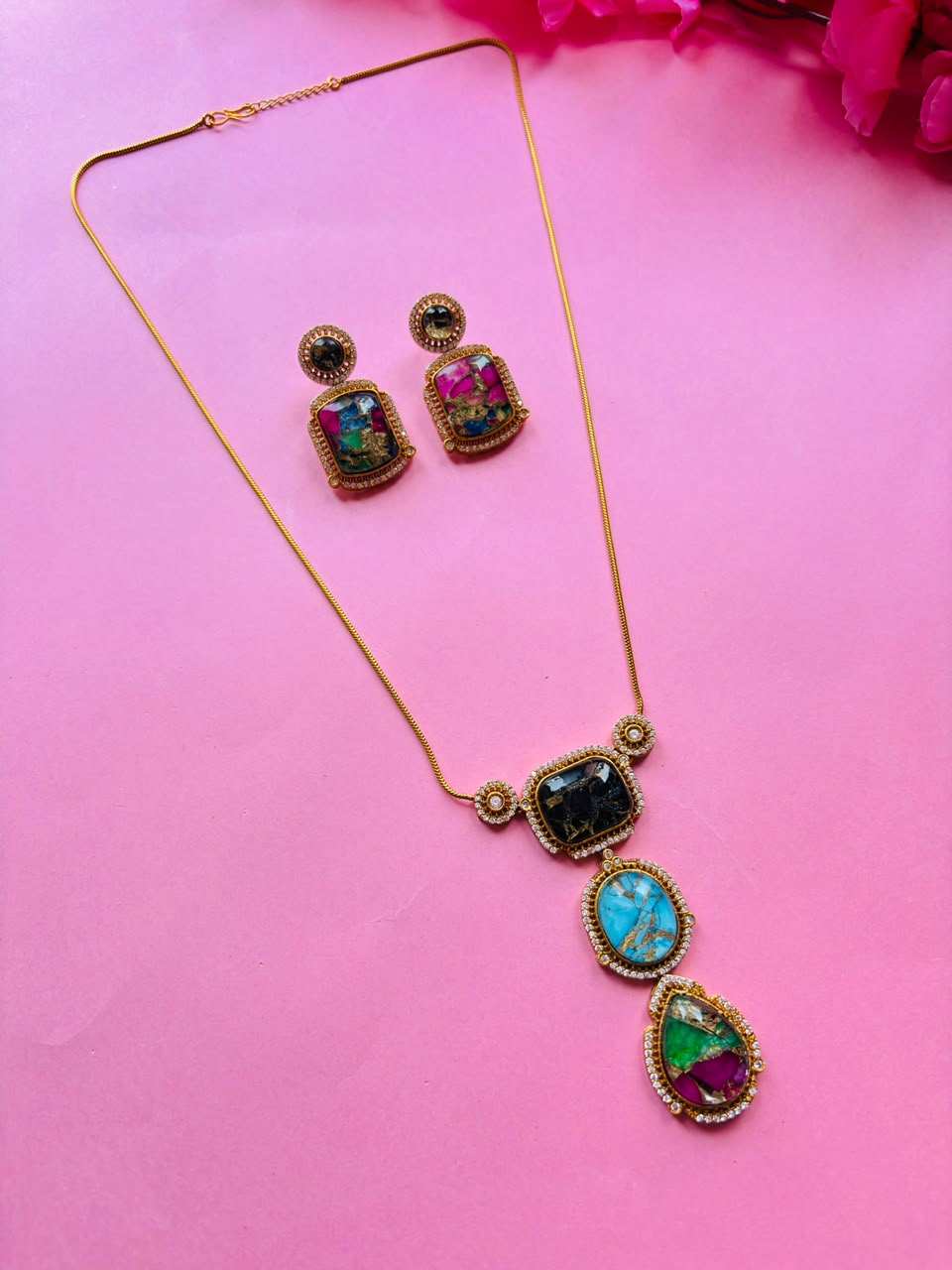 Gold Finish Multi Kundan Polki Chain Pendant Necklace Set - Image 2