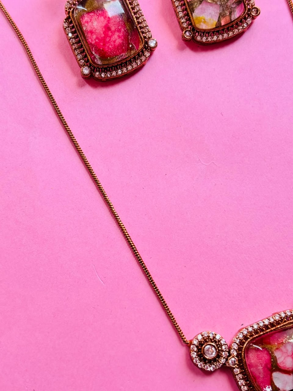 Gold Finish Hot Pink Kundan Polki Chain Pendant Necklace Set - Image 7