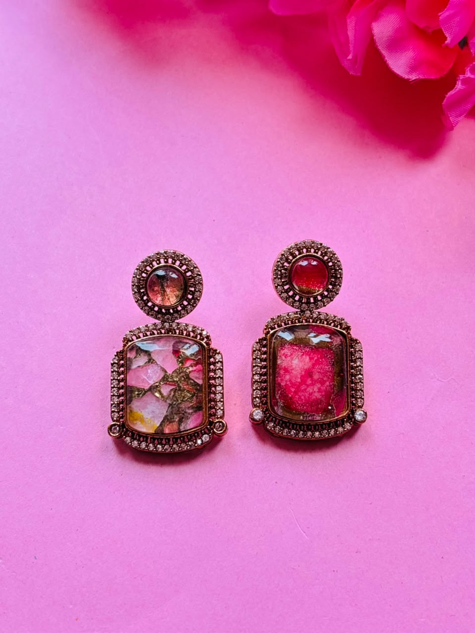 Gold Finish Hot Pink Kundan Polki Chain Pendant Necklace Set - Image 5