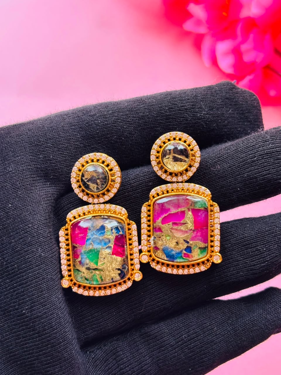 Gold Finish Multi Kundan Polki Chain Pendant Necklace Set - Image 8