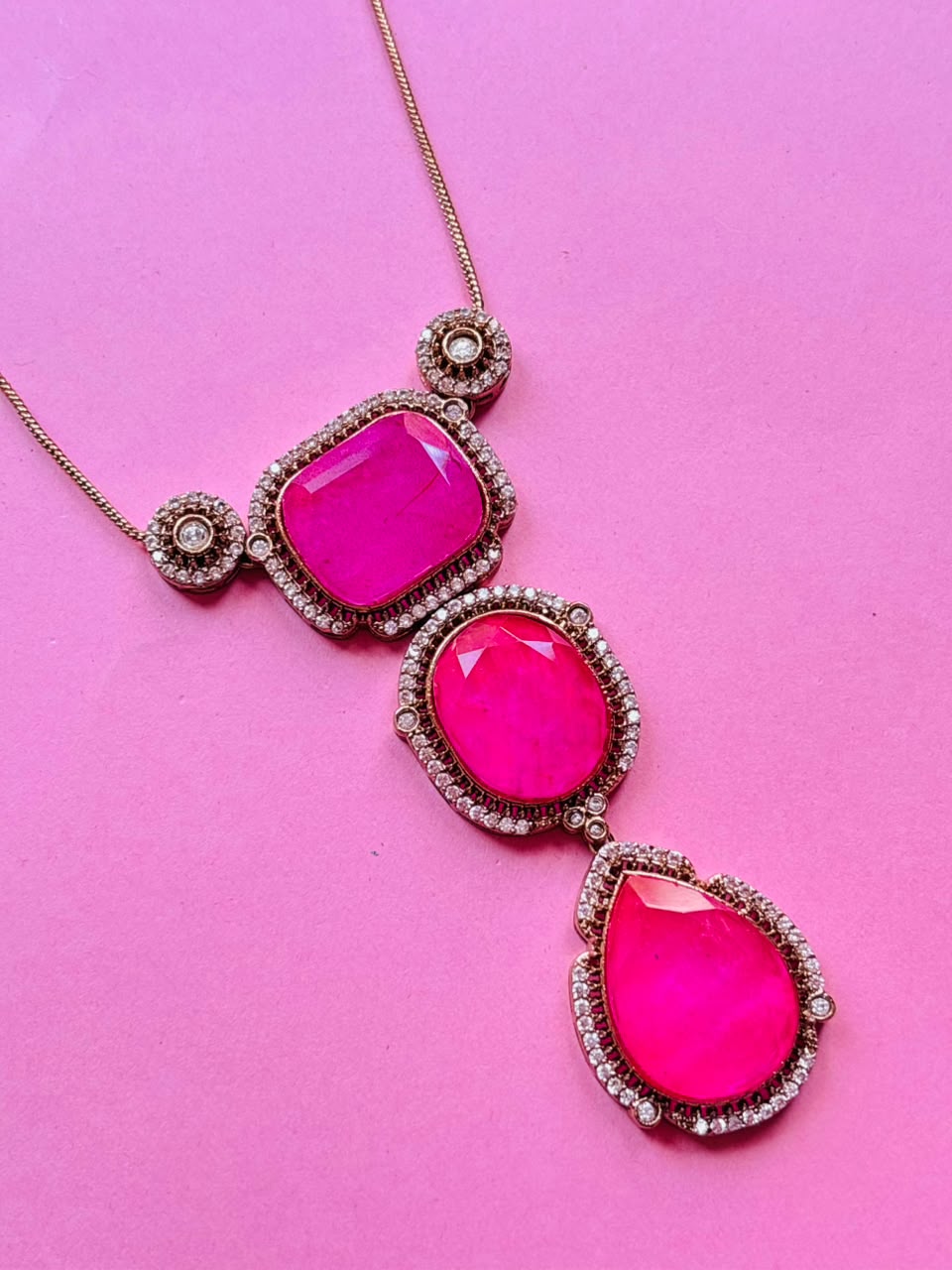 Gold Finish Hot Pink Kundan Polki Chain Pendant Necklace Set - Image 3