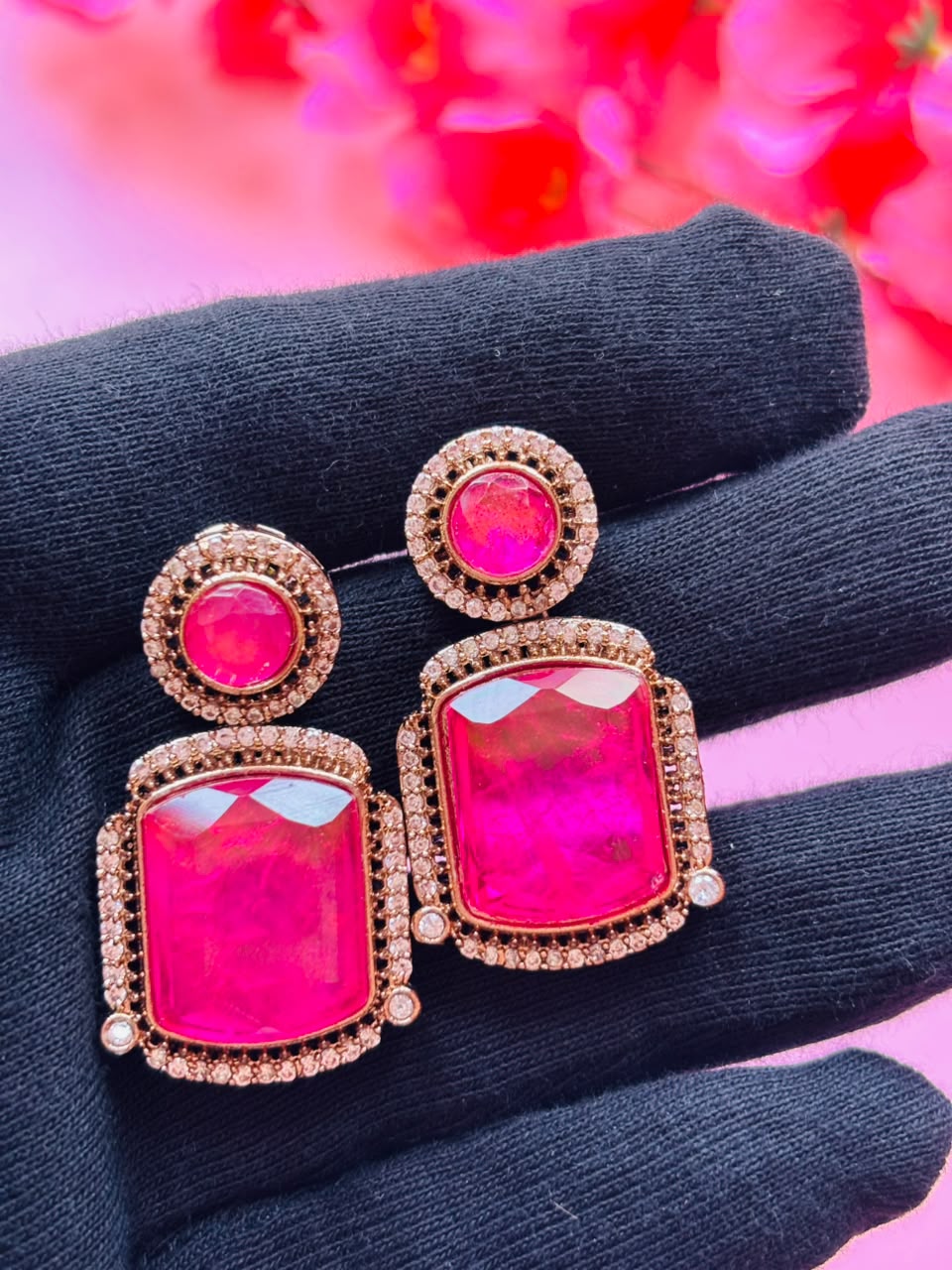 Gold Finish Hot Pink Kundan Polki Chain Pendant Necklace Set - Image 9