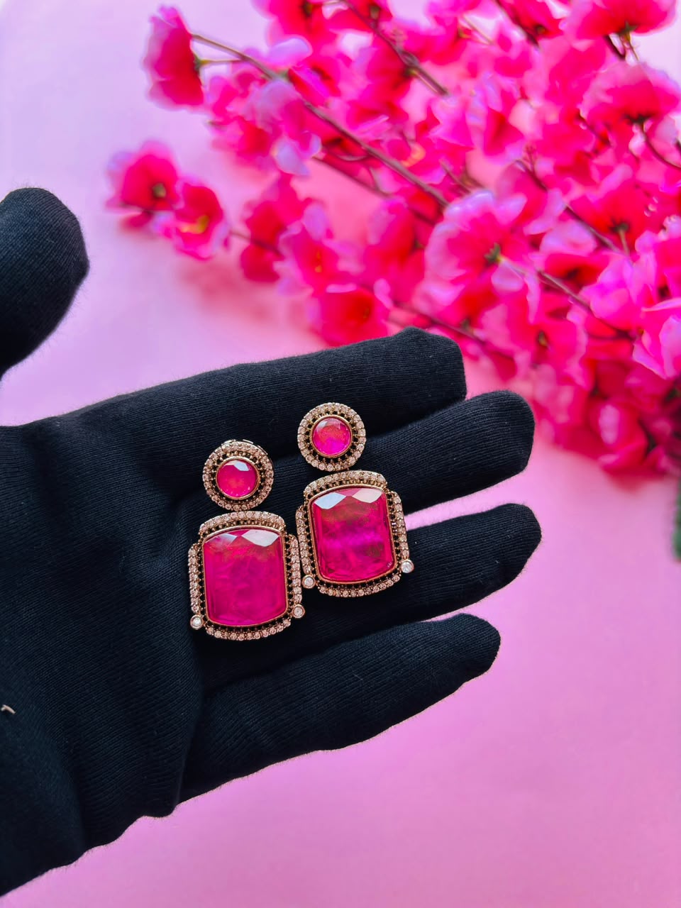 Gold Finish Hot Pink Kundan Polki Chain Pendant Necklace Set - Image 8