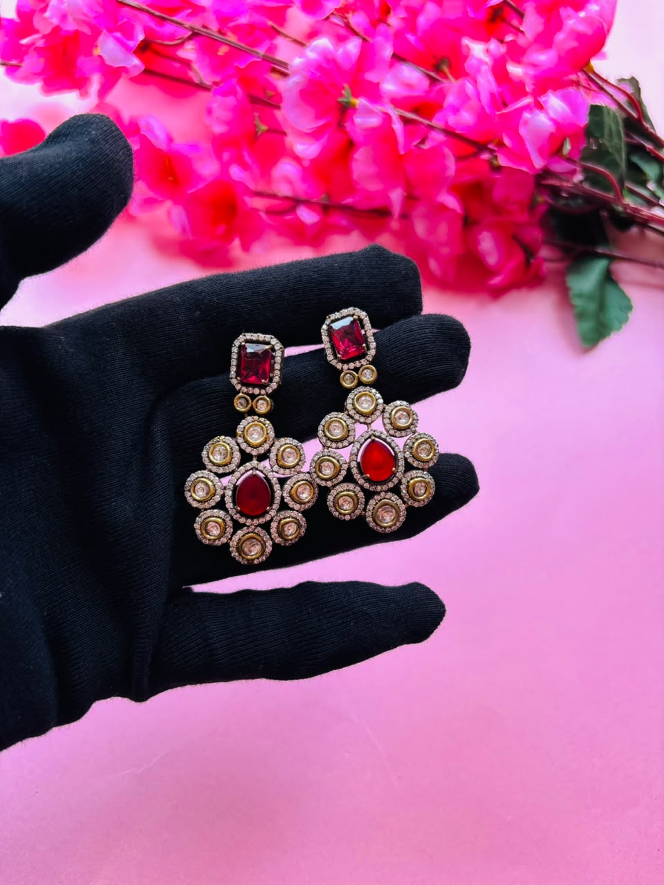Victorian Ruby Pendant Necklace Set Antique Gold Long Haar with Earrings - Image 6