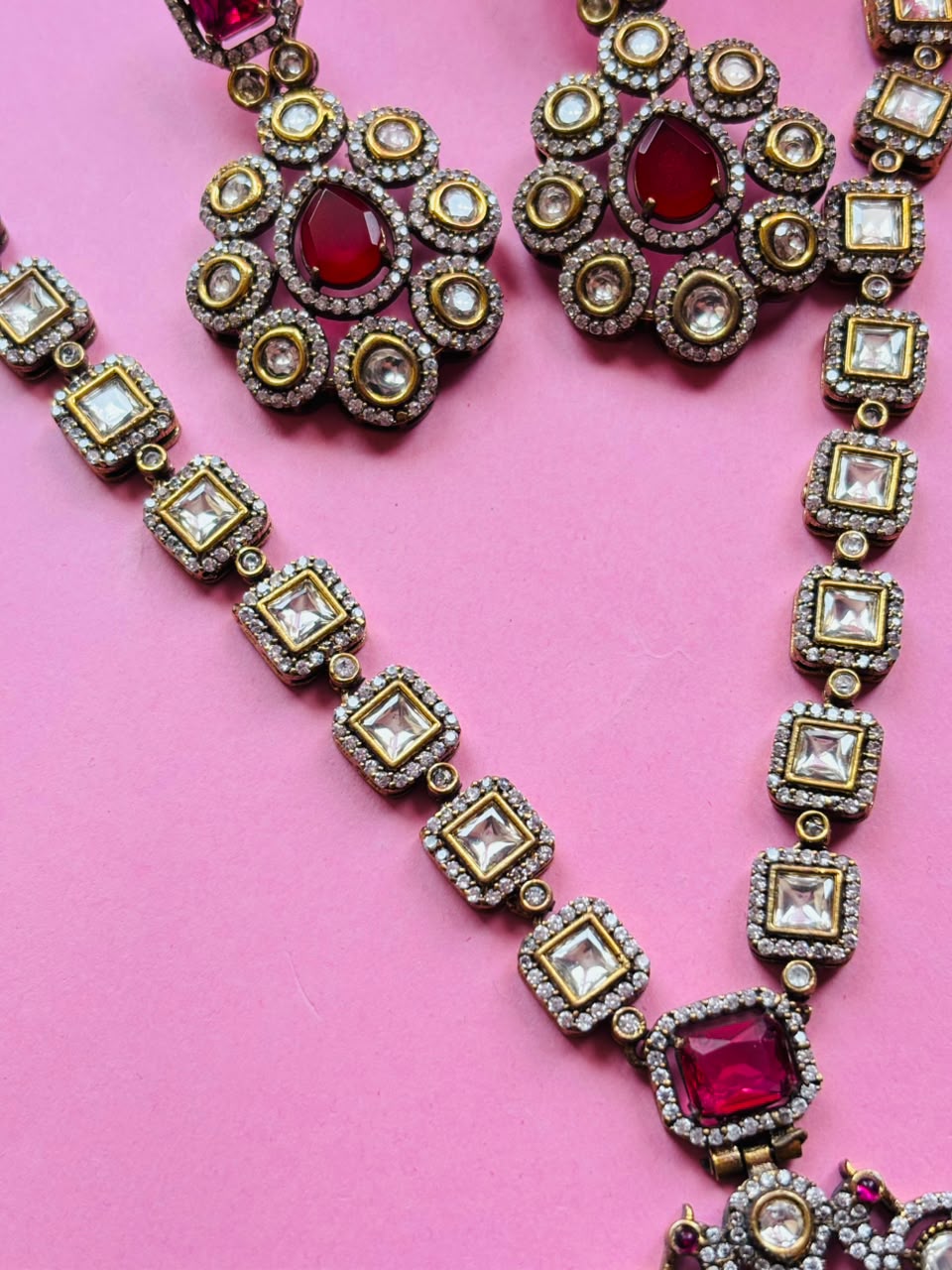 Victorian Ruby Pendant Necklace Set Antique Gold Long Haar with Earrings - Image 4
