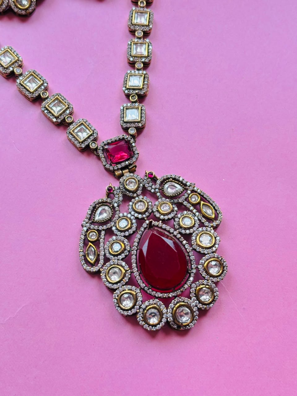 Victorian Ruby Pendant Necklace Set Antique Gold Long Haar with Earrings - Image 3