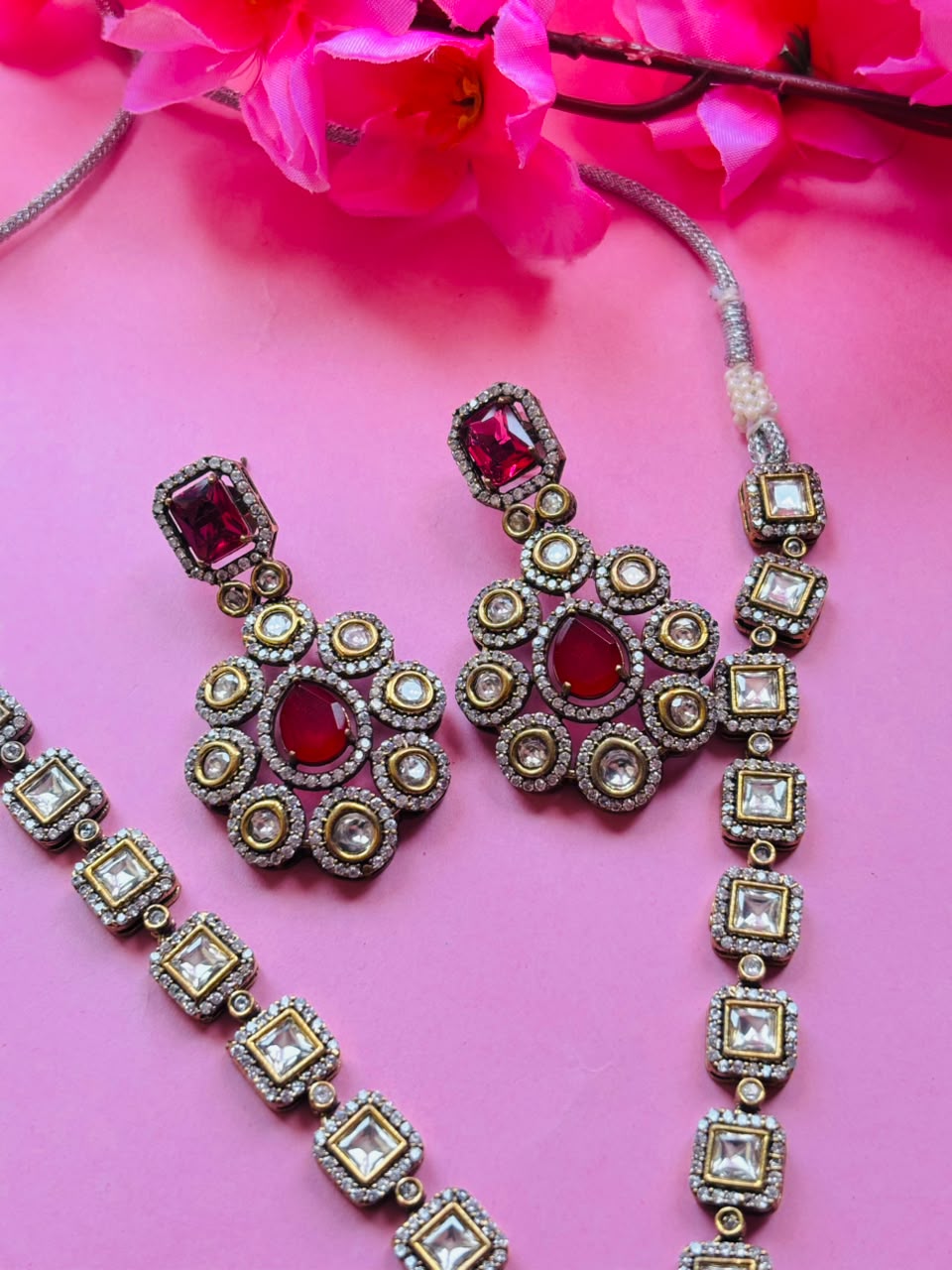 Victorian Ruby Pendant Necklace Set Antique Gold Long Haar with Earrings - Image 5
