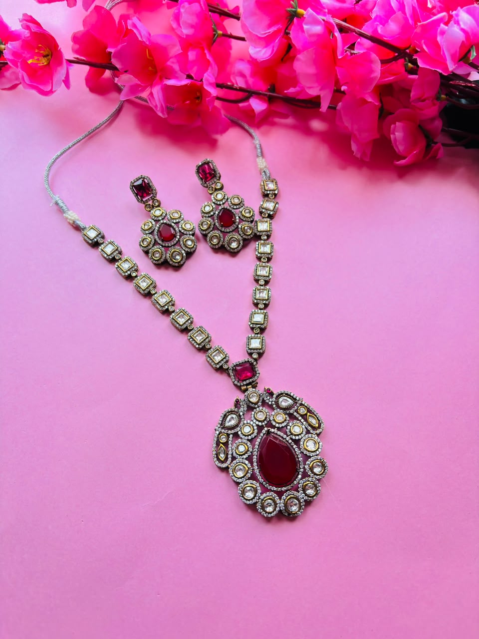Victorian Ruby Pendant Necklace Set Antique Gold Long Haar with Earrings - Image 2