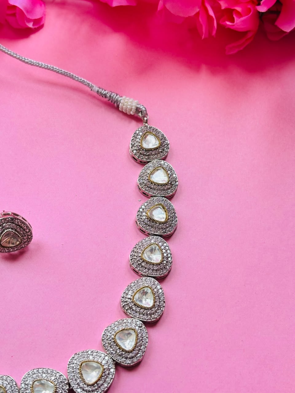 Victorian Polki Pave Necklace Set Antique Silver Teardrop Design with Earrings - Image 4