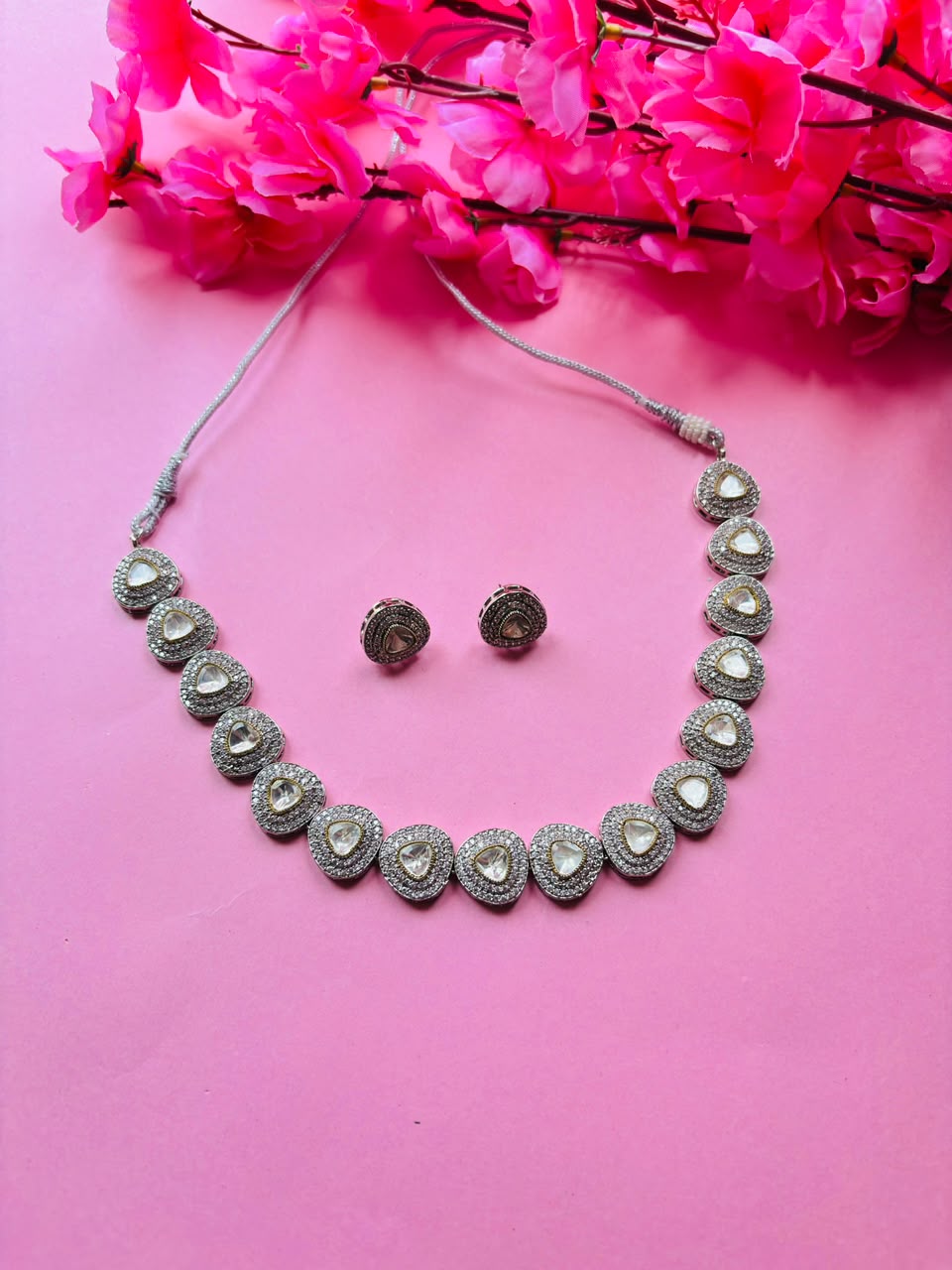 Victorian Polki Pave Necklace Set Antique Silver Teardrop Design with Earrings - Image 2