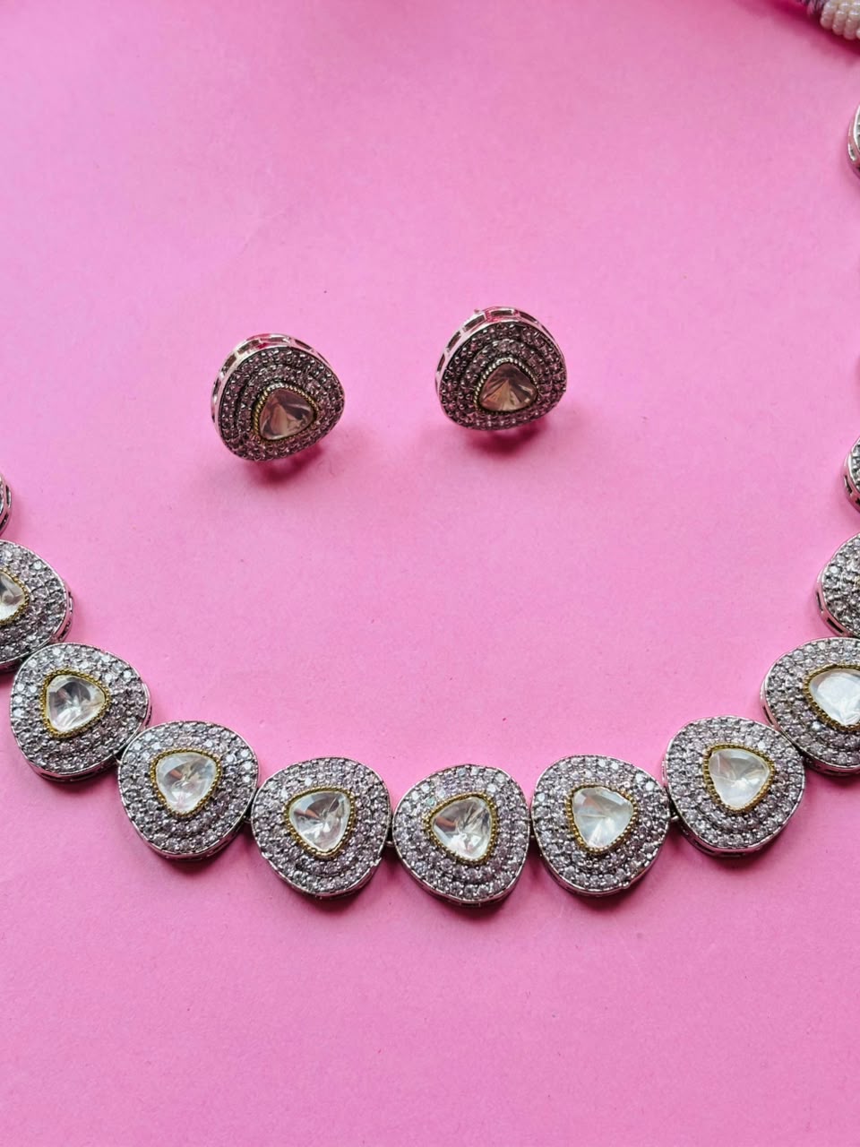 Victorian Polki Pave Necklace Set Antique Silver Teardrop Design with Earrings - Image 6