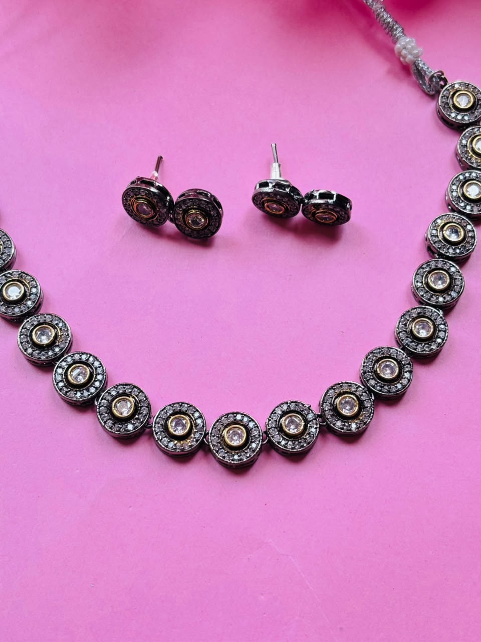 Victorian Polki Circle Necklace Set Antique Silver Everyday Jewelry with Earrings - Image 3