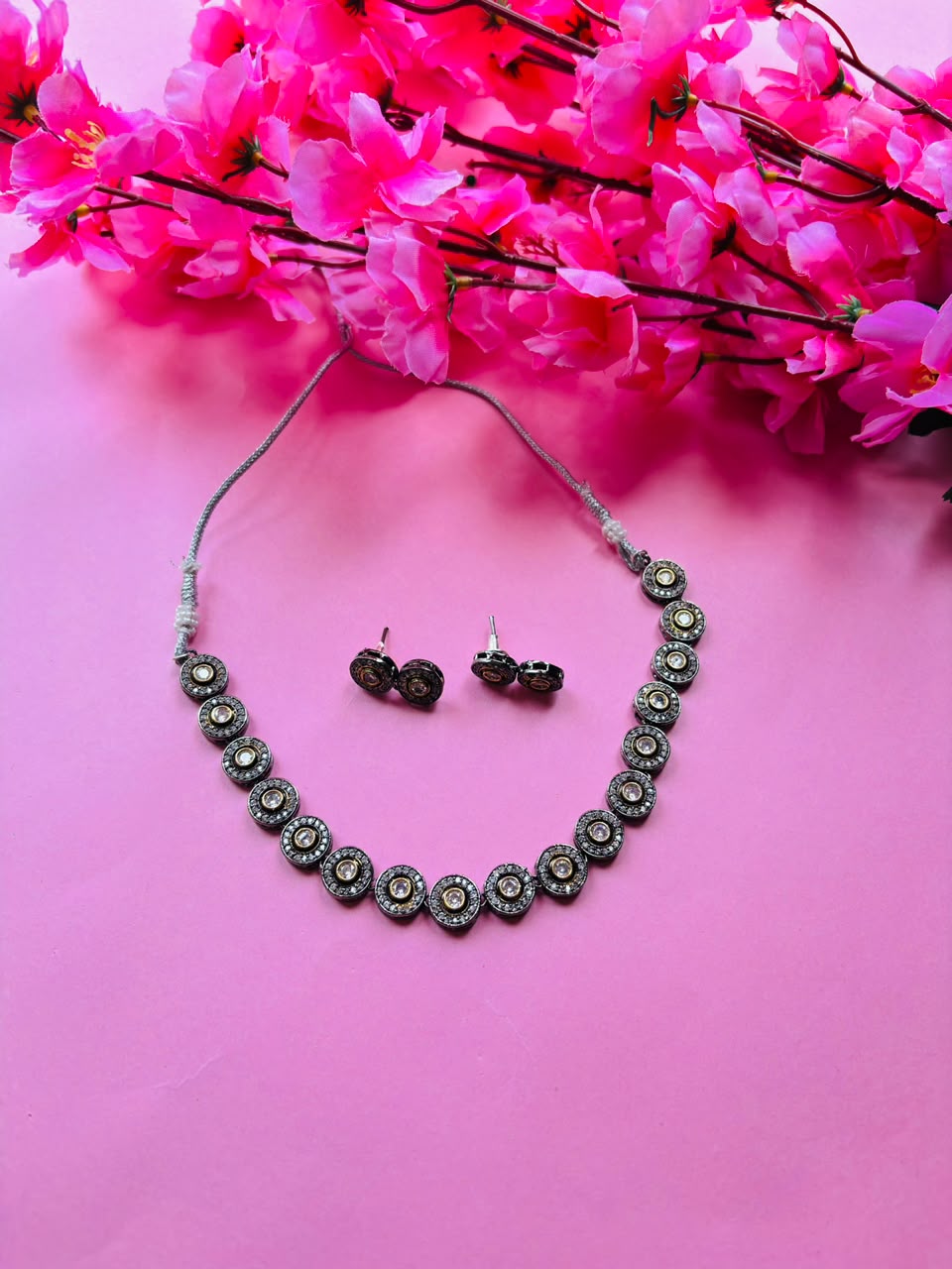 Victorian Polki Circle Necklace Set Antique Silver Everyday Jewelry with Earrings - Image 2