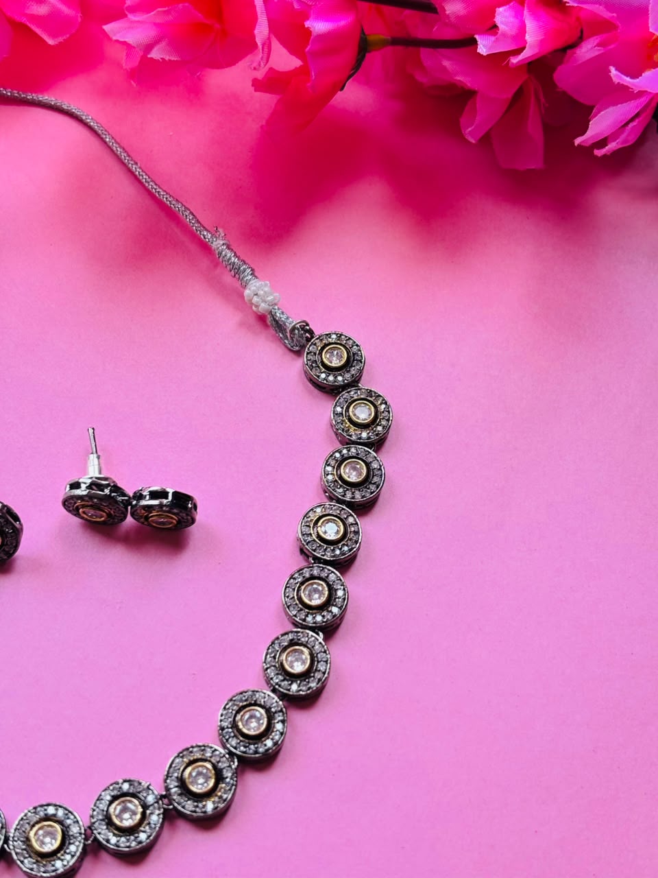 Victorian Polki Circle Necklace Set Antique Silver Everyday Jewelry with Earrings - Image 4