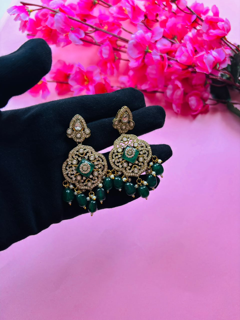 Victorian Emerald Long Haar Set Antique Gold Green Bead Bridal Jewelry with Earrings - Image 7
