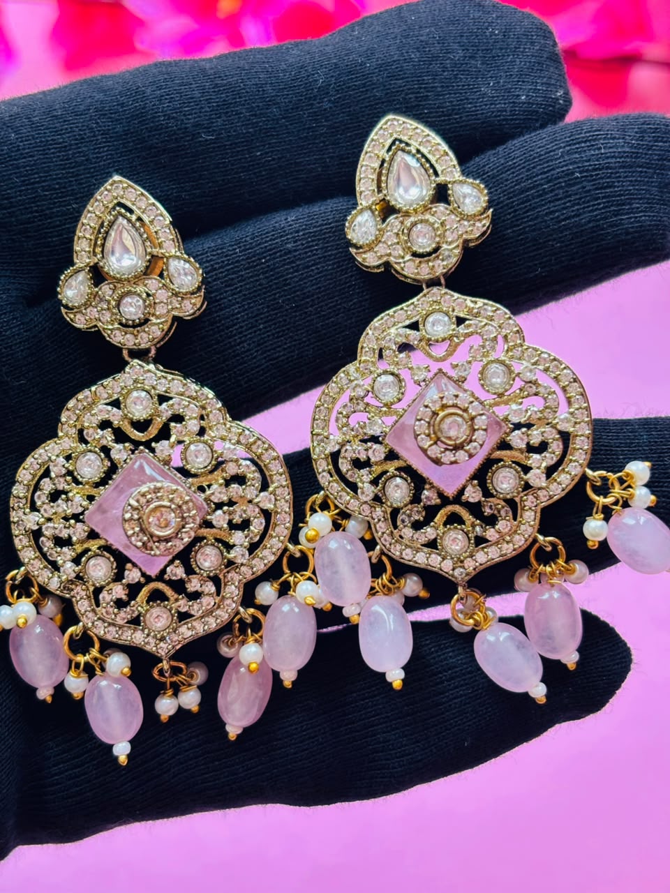 Victorian Pink Long Haar Set Antique Gold Pink Bead Bridal Jewelry with Earring - Image 7