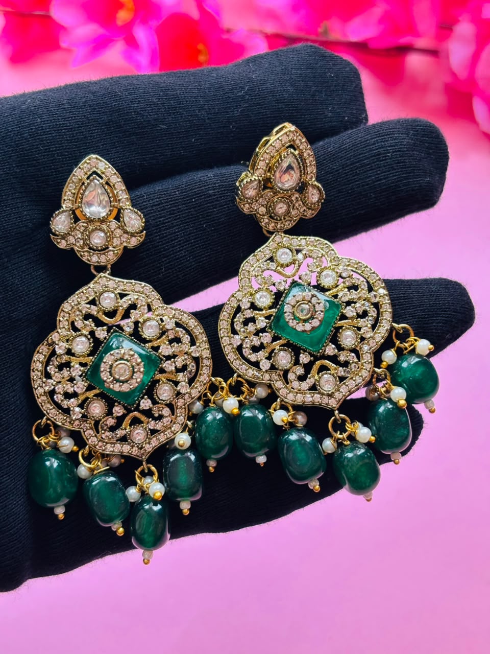 Victorian Emerald Long Haar Set Antique Gold Green Bead Bridal Jewelry with Earrings - Image 8