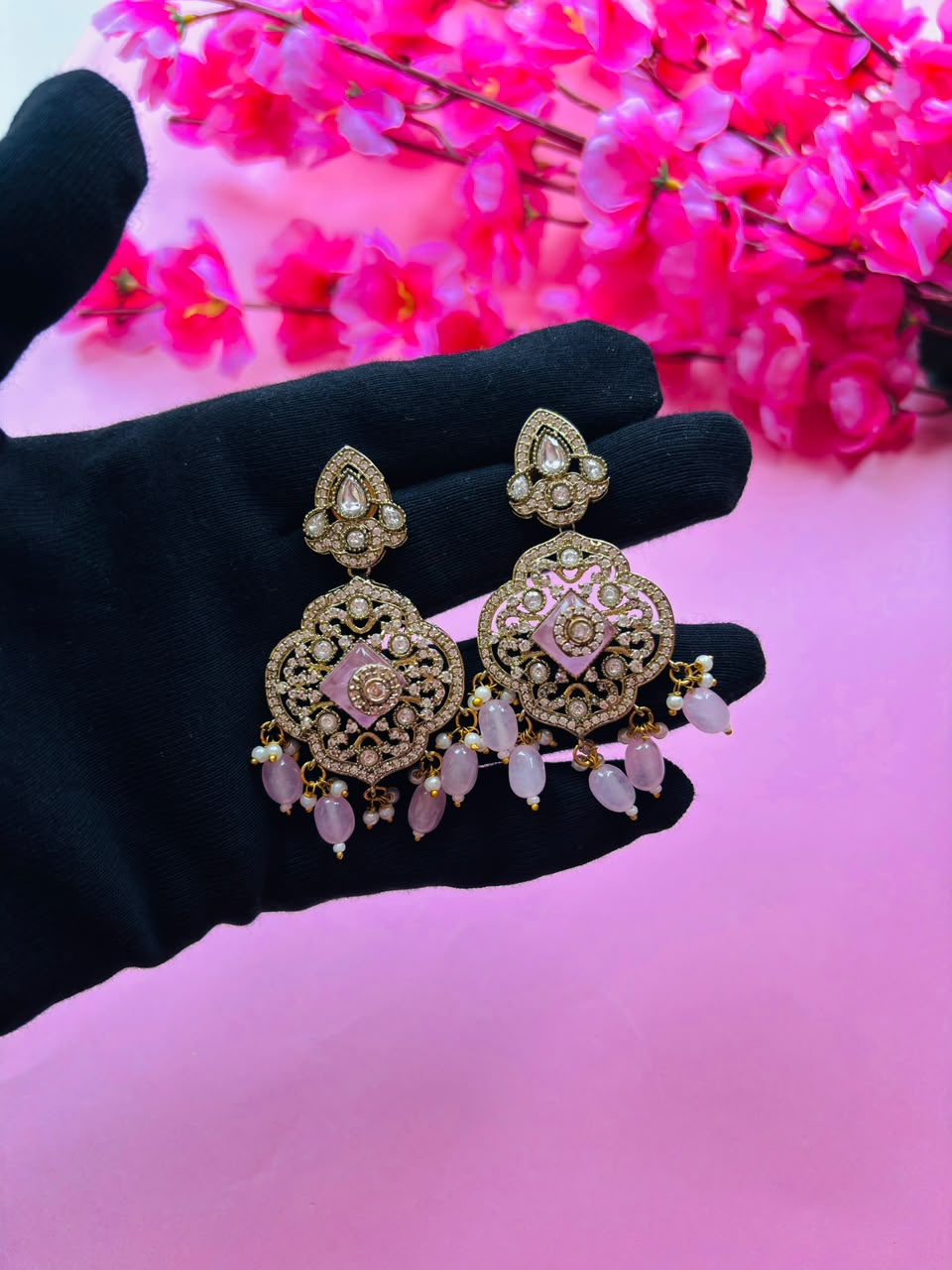 Victorian Pink Long Haar Set Antique Gold Pink Bead Bridal Jewelry with Earring - Image 6