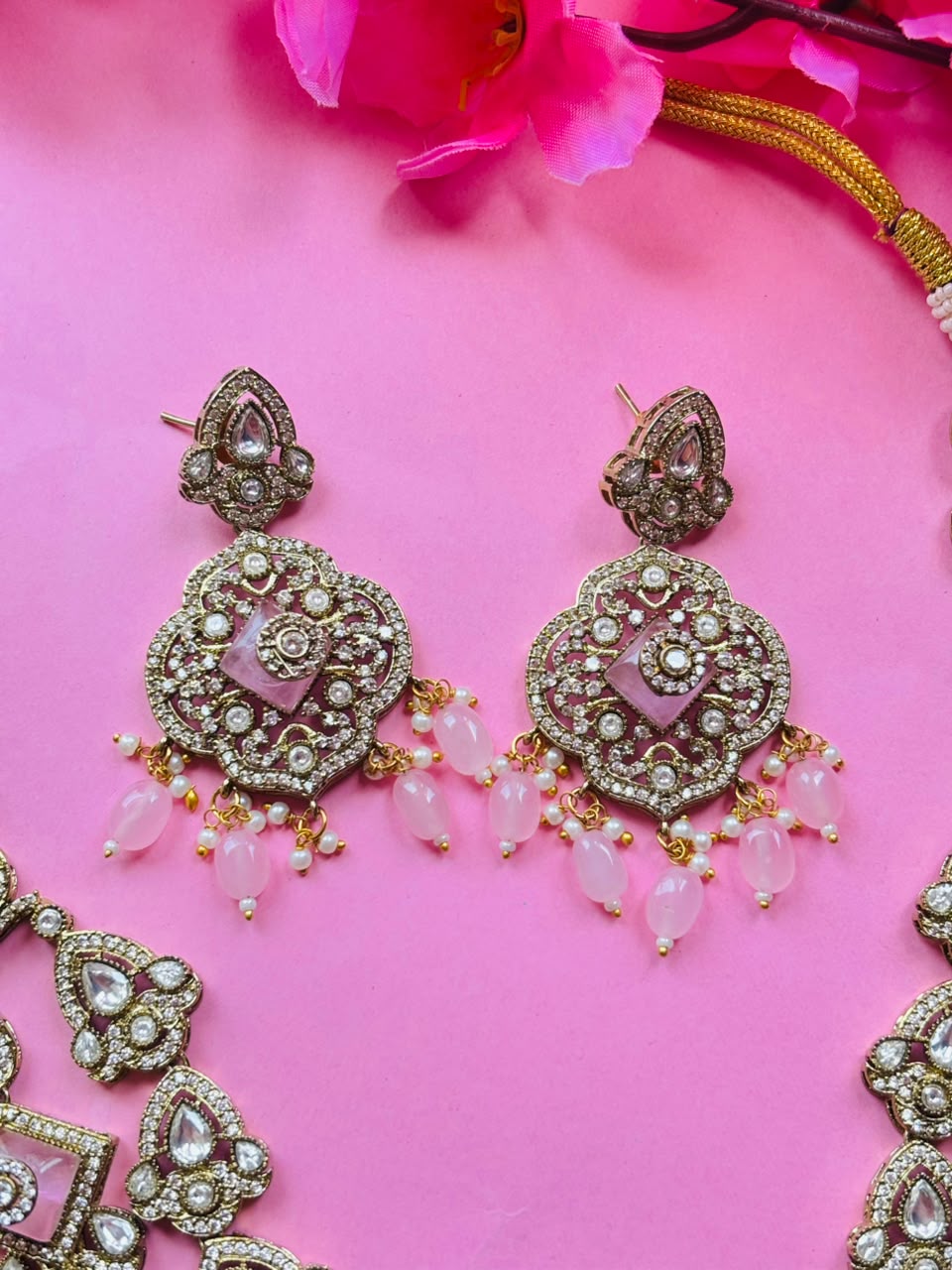Victorian Pink Long Haar Set Antique Gold Pink Bead Bridal Jewelry with Earring - Image 5