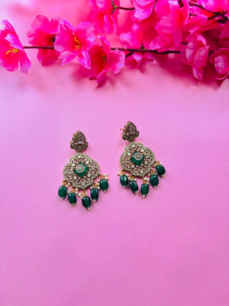 Victorian Emerald Long Haar Set Antique Gold Green Bead Bridal Jewelry with Earrings - Image 6