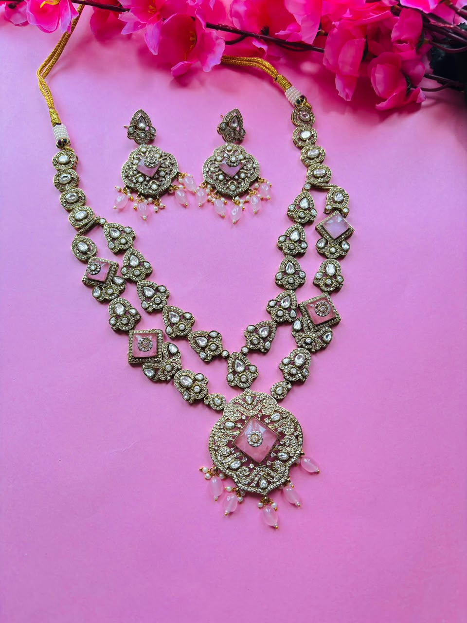 Victorian Pink Long Haar Set Antique Gold Pink Bead Bridal Jewelry with Earring - Image 2
