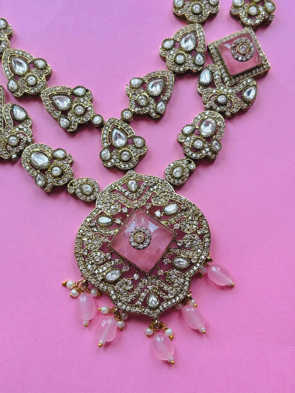 Victorian Pink Long Haar Set Antique Gold Pink Bead Bridal Jewelry with Earring - Image 3