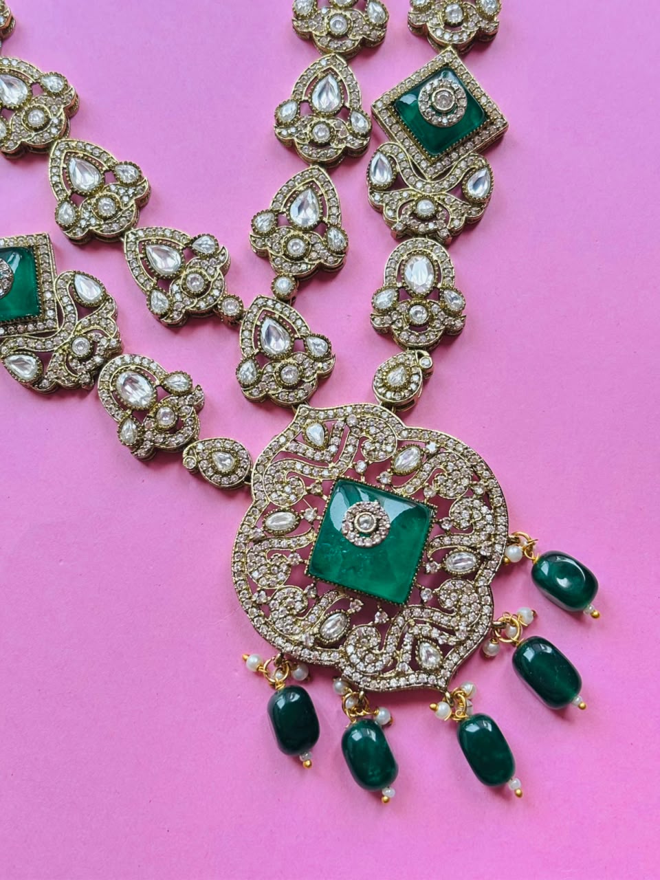 Victorian Emerald Long Haar Set Antique Gold Green Bead Bridal Jewelry with Earrings - Image 4