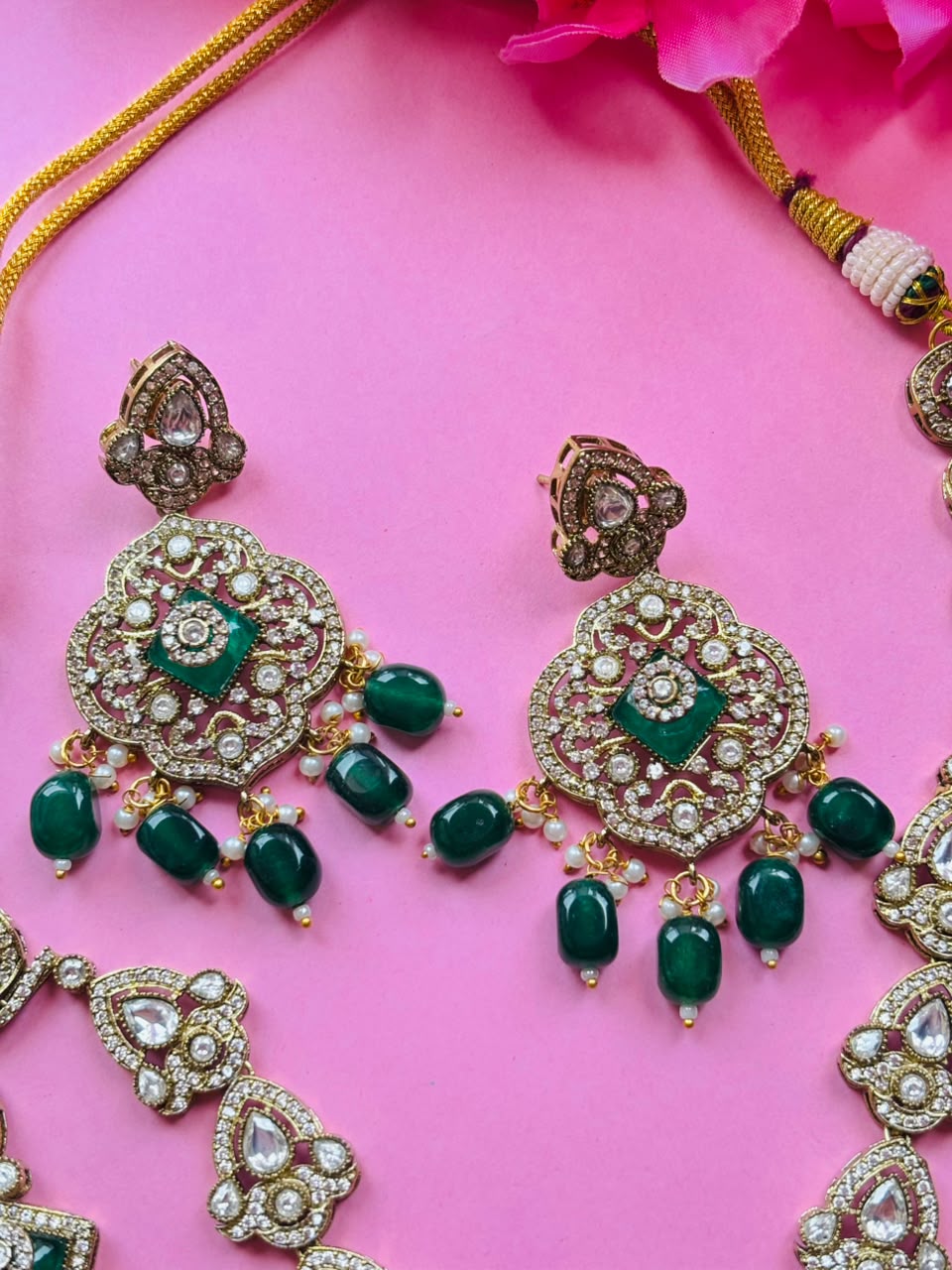 Victorian Emerald Long Haar Set Antique Gold Green Bead Bridal Jewelry with Earrings - Image 3