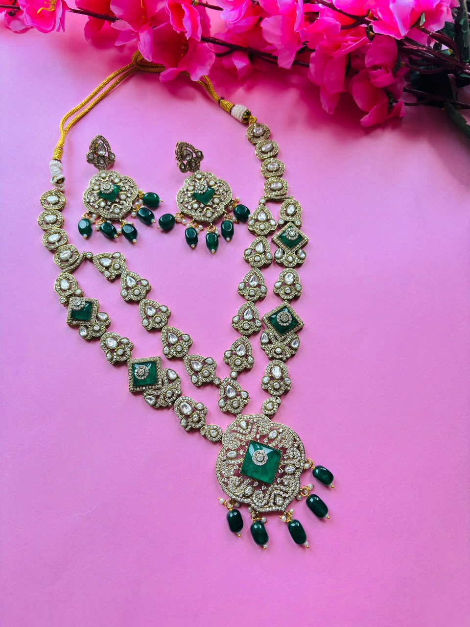 Victorian Emerald Long Haar Set Antique Gold Green Bead Bridal Jewelry with Earrings - Image 2