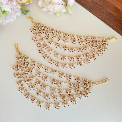 Multi-Layered Red and White Bead Ear Chain